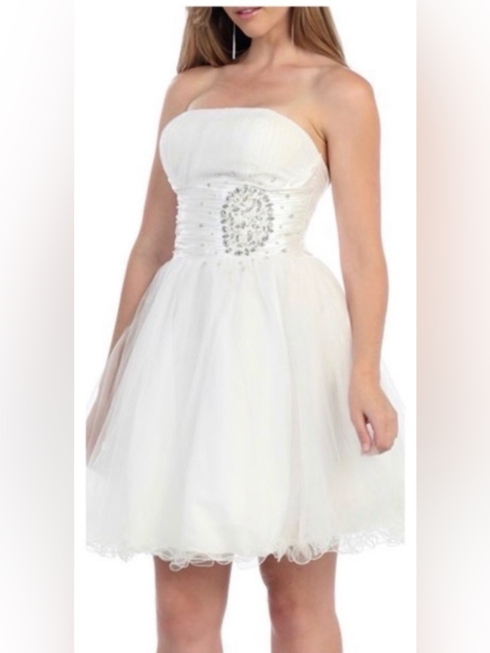 May Queen NWT White Strapless Rhinestone Tulle Homecoming HOCO Party Dress 16